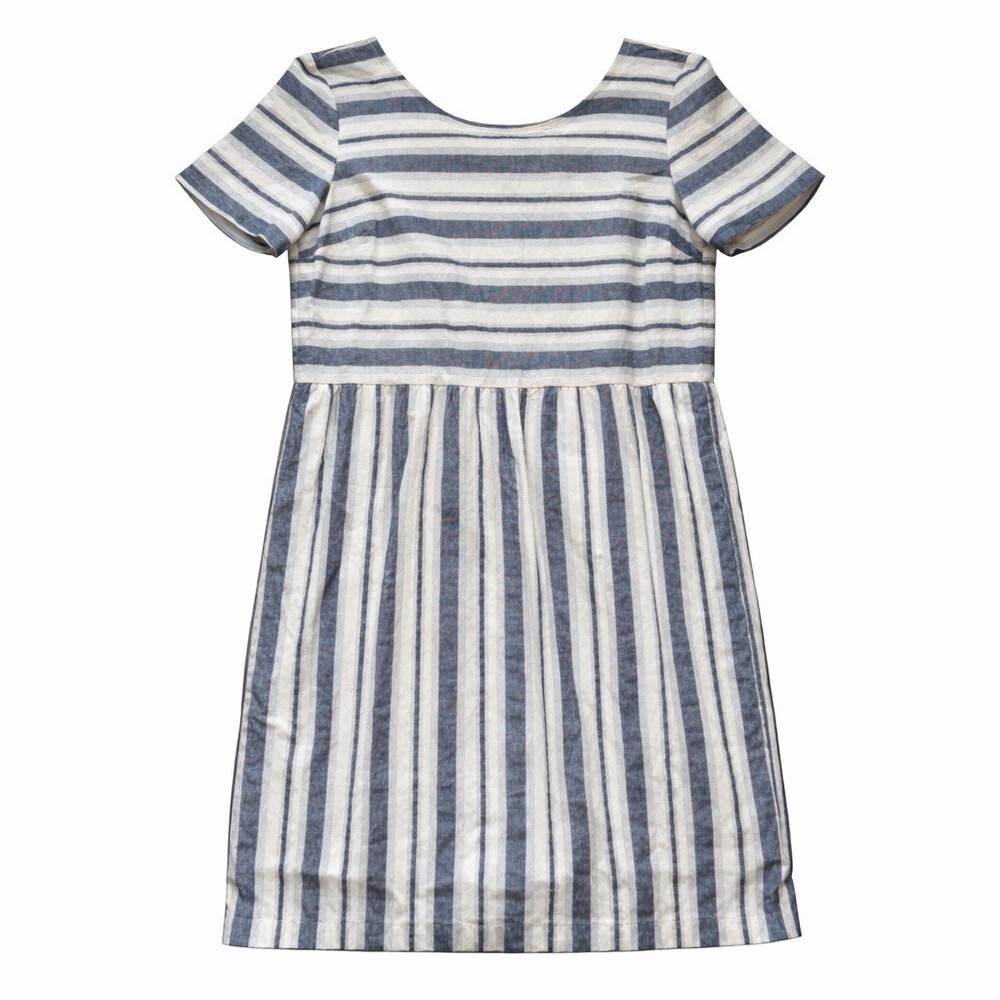 Striped Summer Dress Blue White‎ Cotton P/S Short Sleeves High Waist Coastal